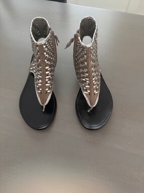 Cole Haan Metallic Woven Thong Sandals in Taupe/Silver